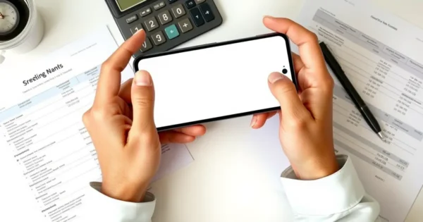 Mãos segurando celular sobre faturas impressas e calculadora, representando a revisão de assinaturas mensais
