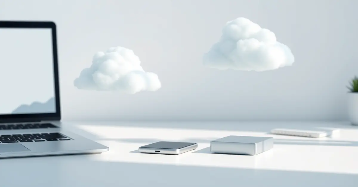 Celular, notebook e HD externo sobre mesa, com formas de nuvem em azul claro ao fundo