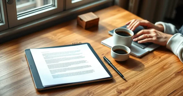 Mesa de trabalho com notebook, folha impressa e caderno, pessoa escrevendo uma carta de apresentação
