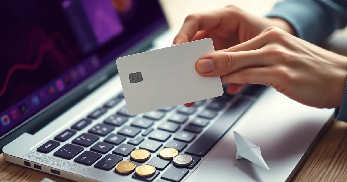 Mãos segurando um cartão de crédito sem marca sobre o notebook, com moedas e um avião de papel na mesa