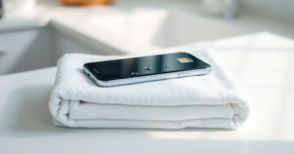 Celular com gotas de água secando sobre uma toalha branca na bancada da cozinha