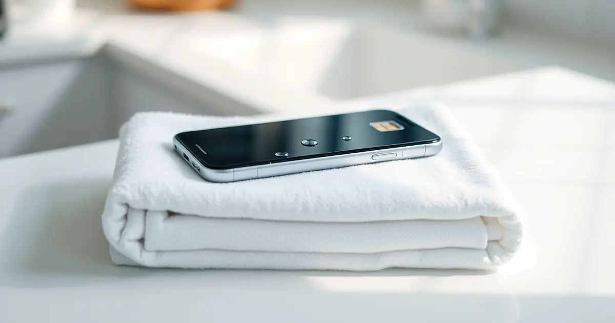 Celular com gotas de água secando sobre uma toalha branca na bancada da cozinha