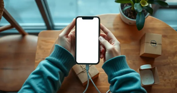 Mãos segurando um celular usado sobre a mesa durante os testes antes da compra