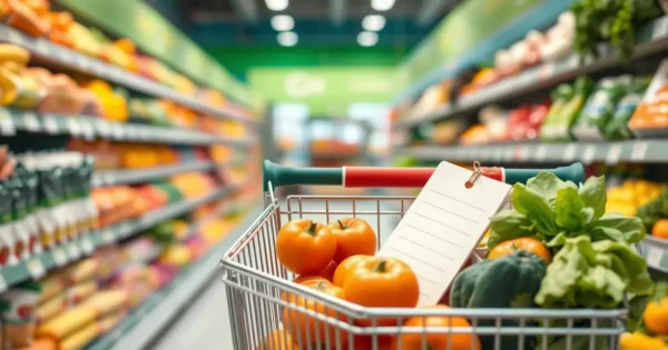 Carrinho de supermercado com frutas, legumes e uma lista de compras de papel presa na alça