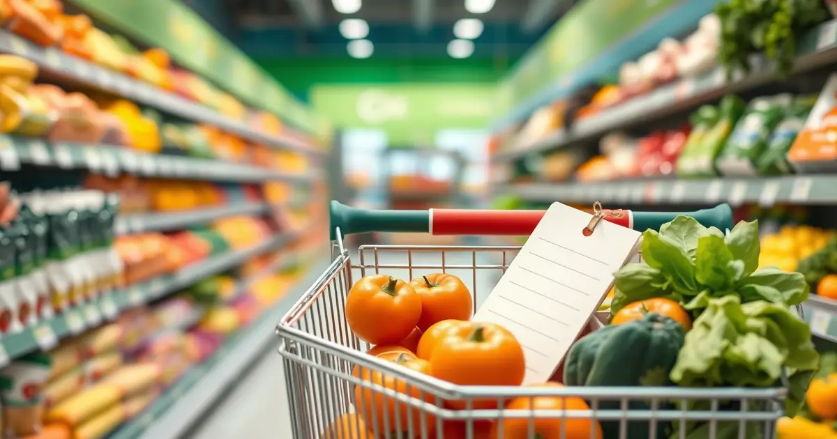 Carrinho de supermercado com frutas, legumes e uma lista de compras de papel presa na alça