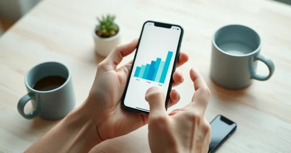 Mão segurando celular sobre mesa de madeira, com gráfico de armazenamento na tela