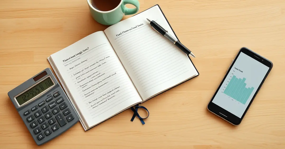 Mesa com caderno de anotações, calculadora, caneca de café e celular usados para organizar o orçamento do mês