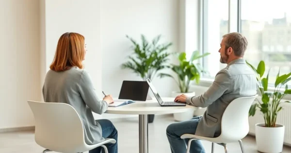 Duas pessoas conversando em reunião individual em escritório claro, com notebook e caderno sobre a mesa