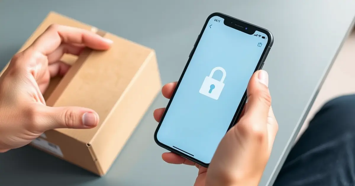 Mãos segurando celular com página de loja virtual ao lado de uma caixa de entrega sobre a mesa