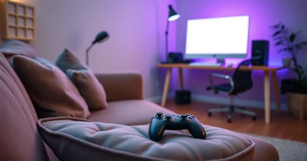 Controle de videogame no sofá e computador com teclado ao fundo, representando a escolha entre console e PC