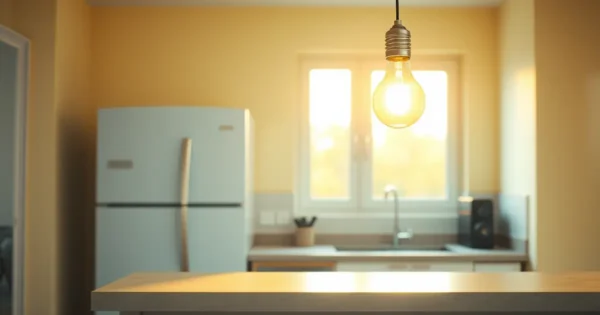 Lâmpada de LED acesa sobre bancada de cozinha clara, com geladeira branca e luz natural entrando pela janela