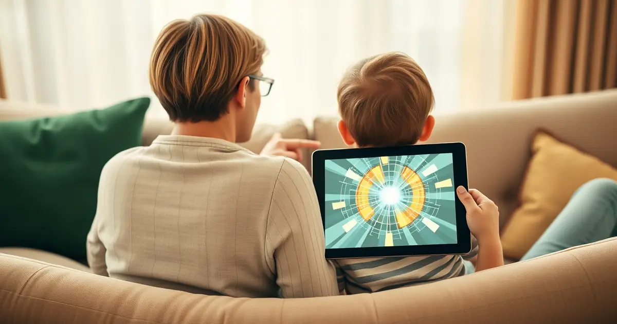 Adulto e criança no sofá olhando um tablet com jogo, vistos de costas