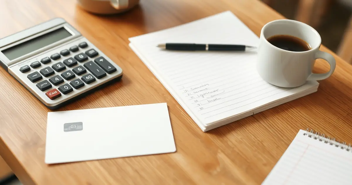 Mesa com cartão de crédito genérico, calculadora e caderno com lista de dívidas ao lado de uma xícara de café