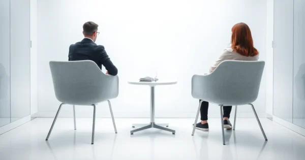 Sala de reunião clara com duas cadeiras frente a frente, caderno e copo de água sobre a mesa