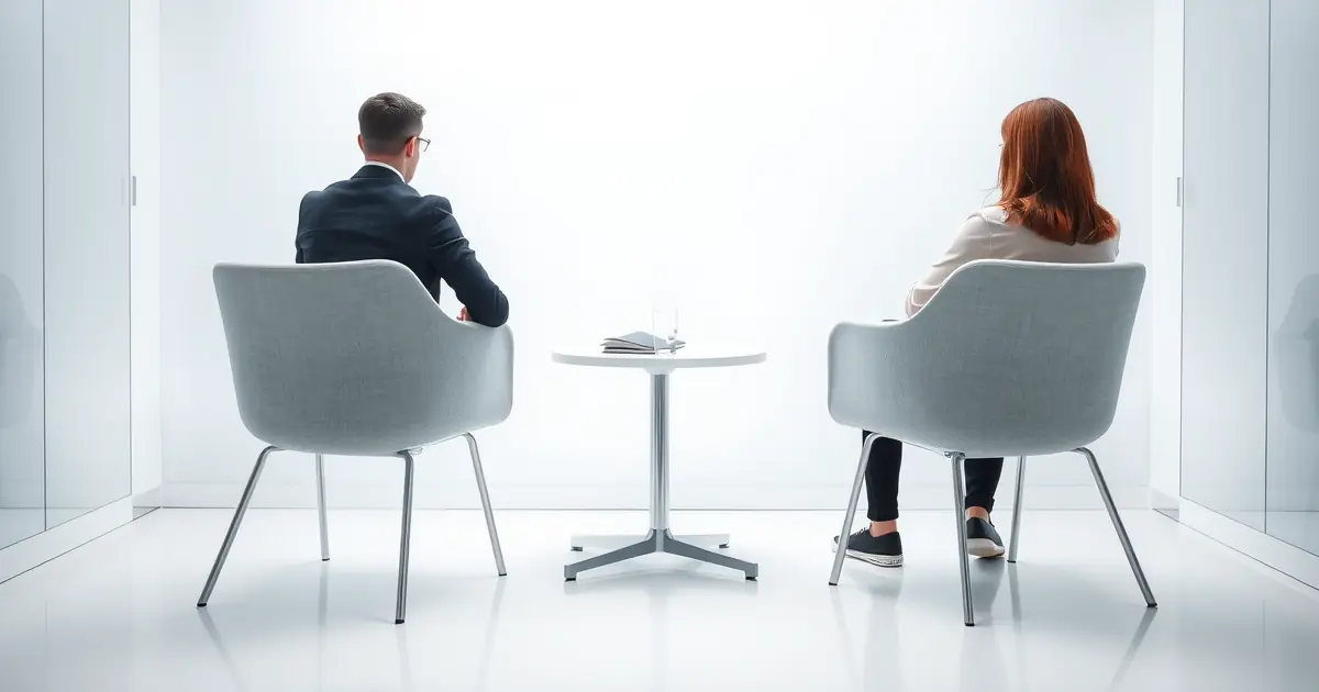 Sala de reunião clara com duas cadeiras frente a frente, caderno e copo de água sobre a mesa