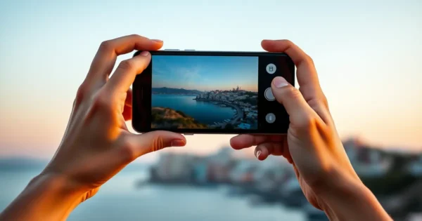 Mãos segurando o celular para fotografar uma paisagem de cidade litorânea no fim da tarde