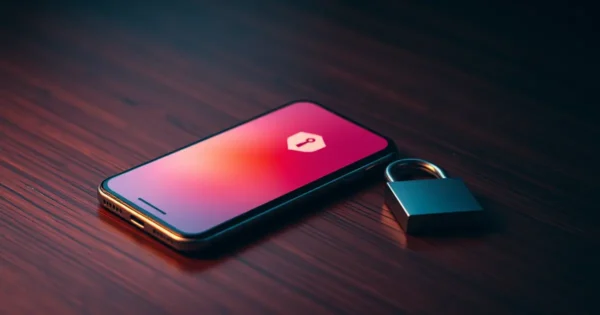 Celular sobre mesa escura com ícone de escudo de alerta na tela e cadeado ao lado