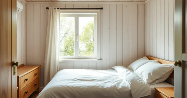Quarto simples e aconchegante de pousada com cama arrumada, criado-mudo de madeira e janela para árvores