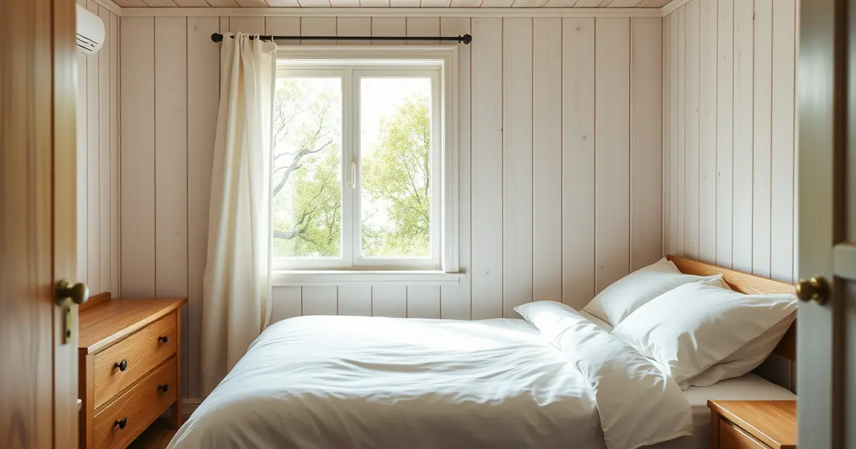 Quarto simples e aconchegante de pousada com cama arrumada, criado-mudo de madeira e janela para árvores