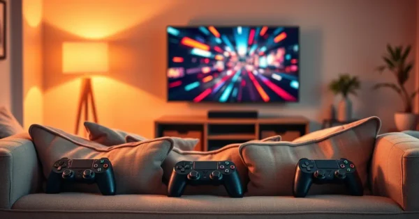 Sala de estar com controles de videogame no sofá e TV mostrando um jogo em tela dividida