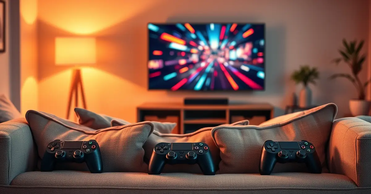 Sala de estar com controles de videogame no sofá e TV mostrando um jogo em tela dividida