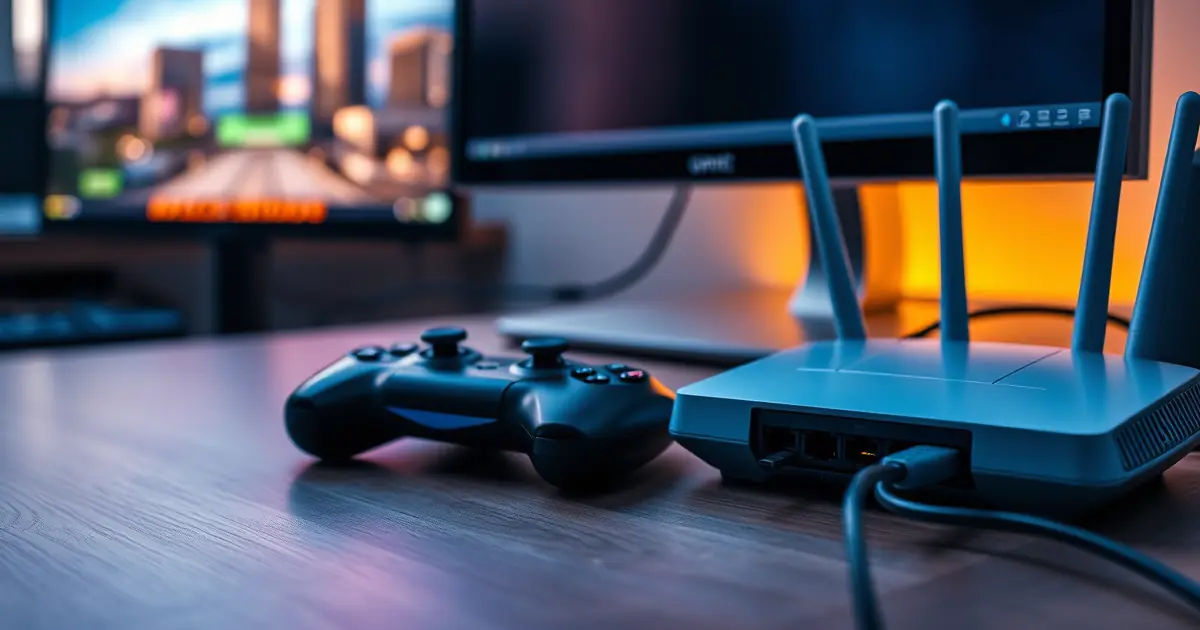 Controle de videogame sobre a mesa ao lado de um roteador com cabo de rede conectado