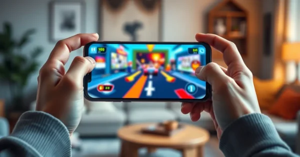 Mãos segurando um celular na horizontal durante uma partida de jogo em uma sala iluminada