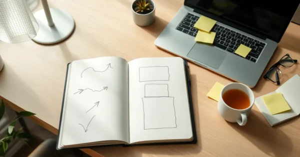 Mesa com caderno de anotações, notebook e lembretes, representando o planejamento de uma mudança de carreira