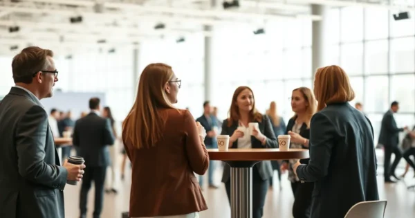 Pequeno grupo de profissionais conversando em volta de uma mesa em um evento, representando networking