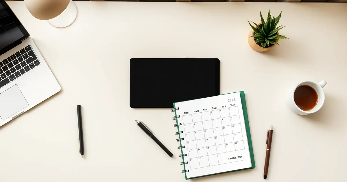 Mesa de trabalho organizada com agenda de papel aberta, notebook, café e uma planta