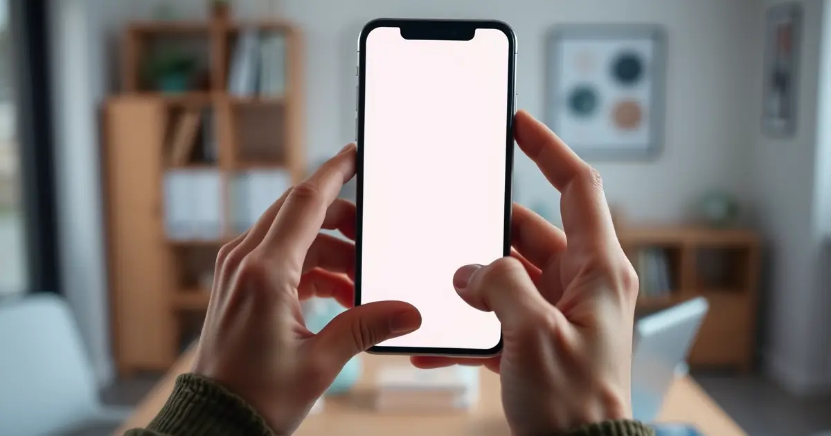 Mãos segurando celular com tela de perfil profissional genérico, com escritório em casa desfocado ao fundo