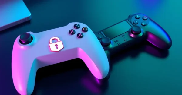 Controle de videogame ao lado de um celular com ícone de cadeado, representando segurança de contas de jogos