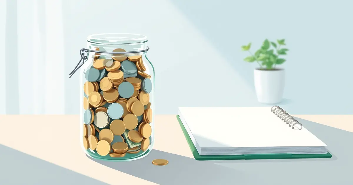 Pote de vidro com moedas e cédulas sobre a mesa ao lado de uma planta, representando dinheiro guardado