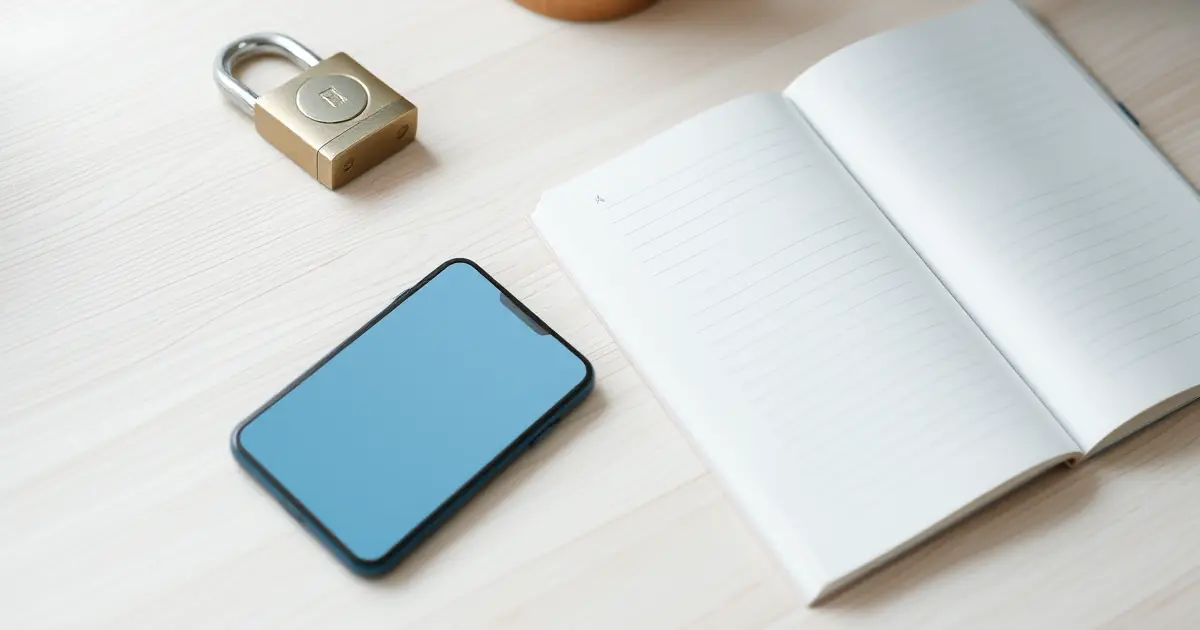 Celular sobre a mesa ao lado de um cadeado e de um caderno, representando organização de senhas