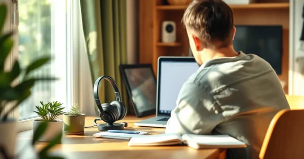 Canto de home office com notebook, fone com microfone, planta e caderno sobre mesa de madeira