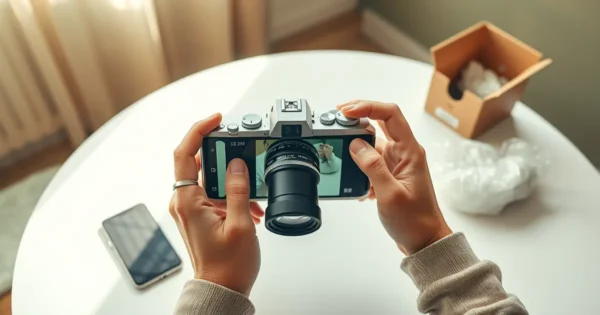 Mãos fotografando um objeto usado com o celular sobre a mesa, ao lado de uma caixa de papelão