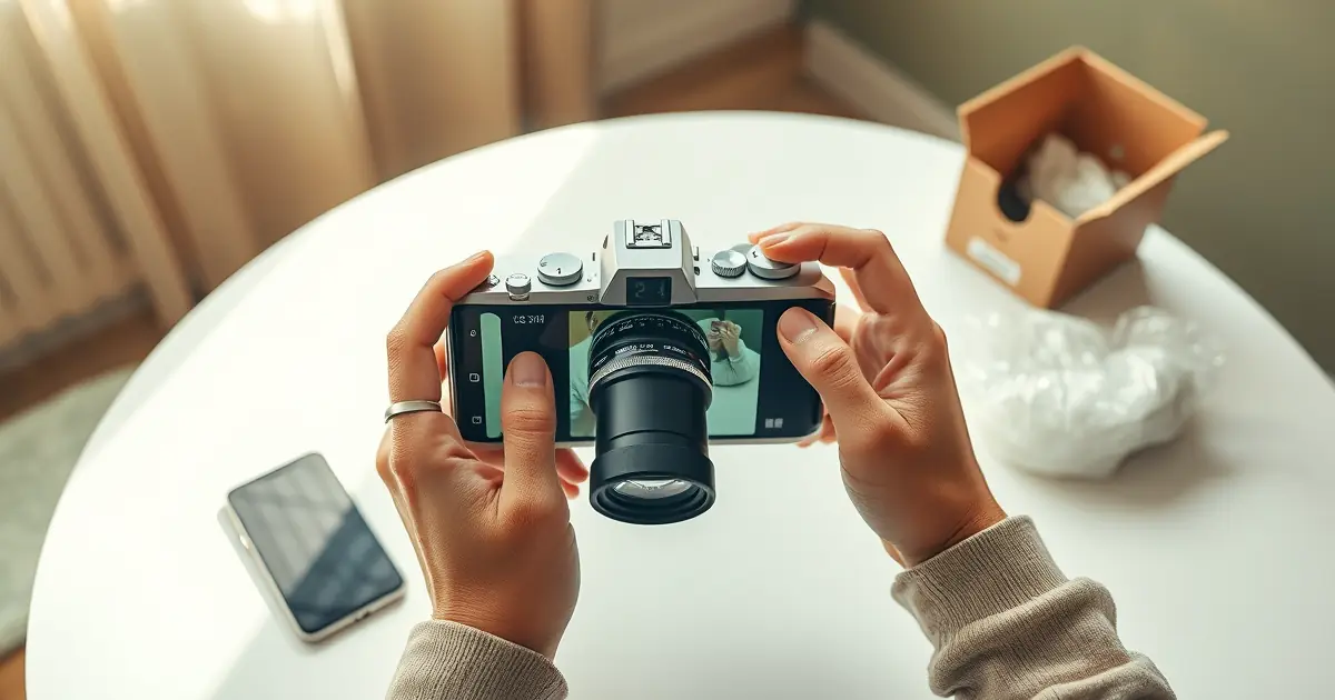 Mãos fotografando um objeto usado com o celular sobre a mesa, ao lado de uma caixa de papelão