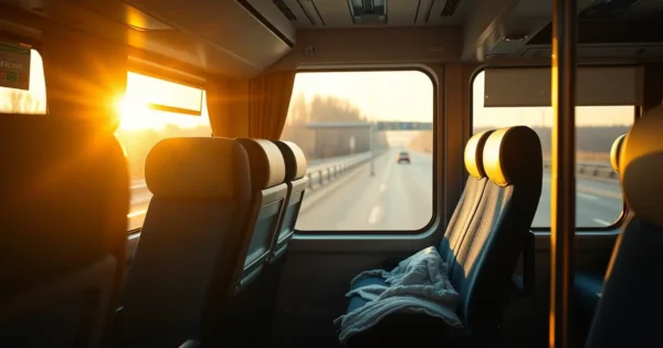 Interior de ônibus de viagem com poltrona reclinada, travesseiro de pescoço e manta perto da janela