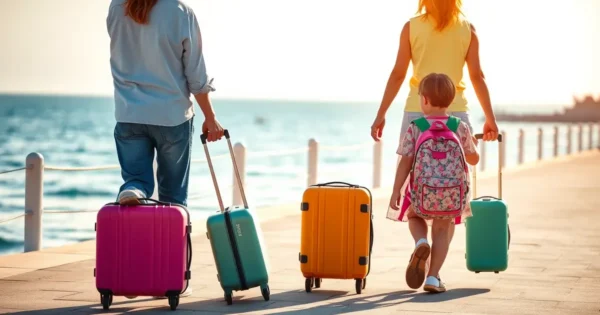 Família de costas caminhando com malas pequenas em um calçadão à beira-mar, em clima de viagem com crianças