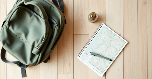 Mochila de viagem, mapa dobrado, pote com moedas e caderno sobre piso de madeira clara