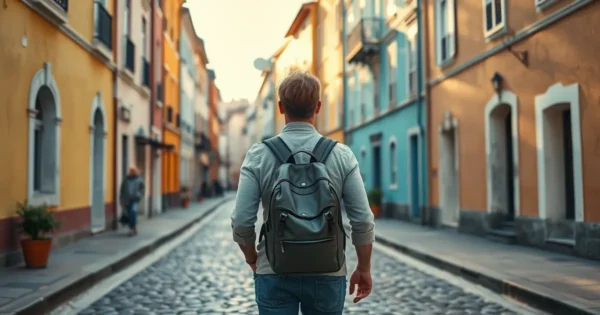 Viajante sozinho de mochila caminhando por rua de pedra em cidade histórica no fim da tarde