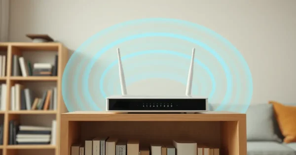 Roteador branco com antenas em estante de sala aconchegante, com ondas de sinal em azul claro